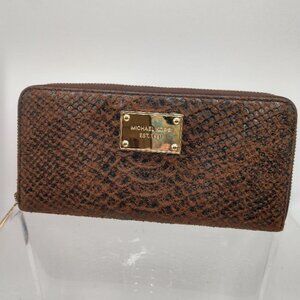 Michael Kors Reptile Embossed Brown Leather Zip Around Wallet 8" x 4"